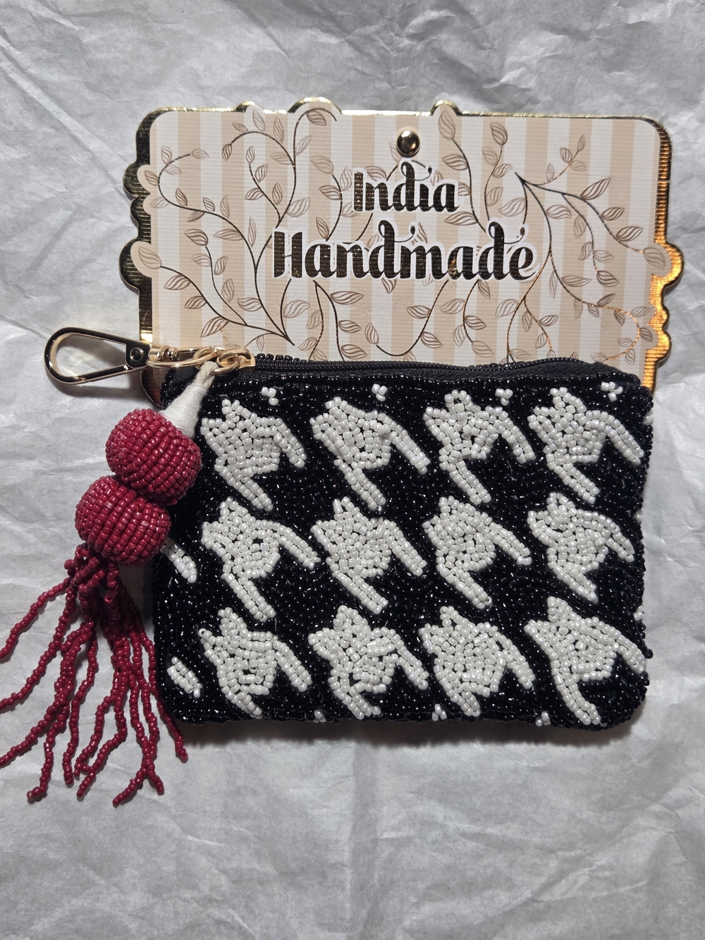 India Handmade Black & White Beaded Key/Card Holder with Red Tassel